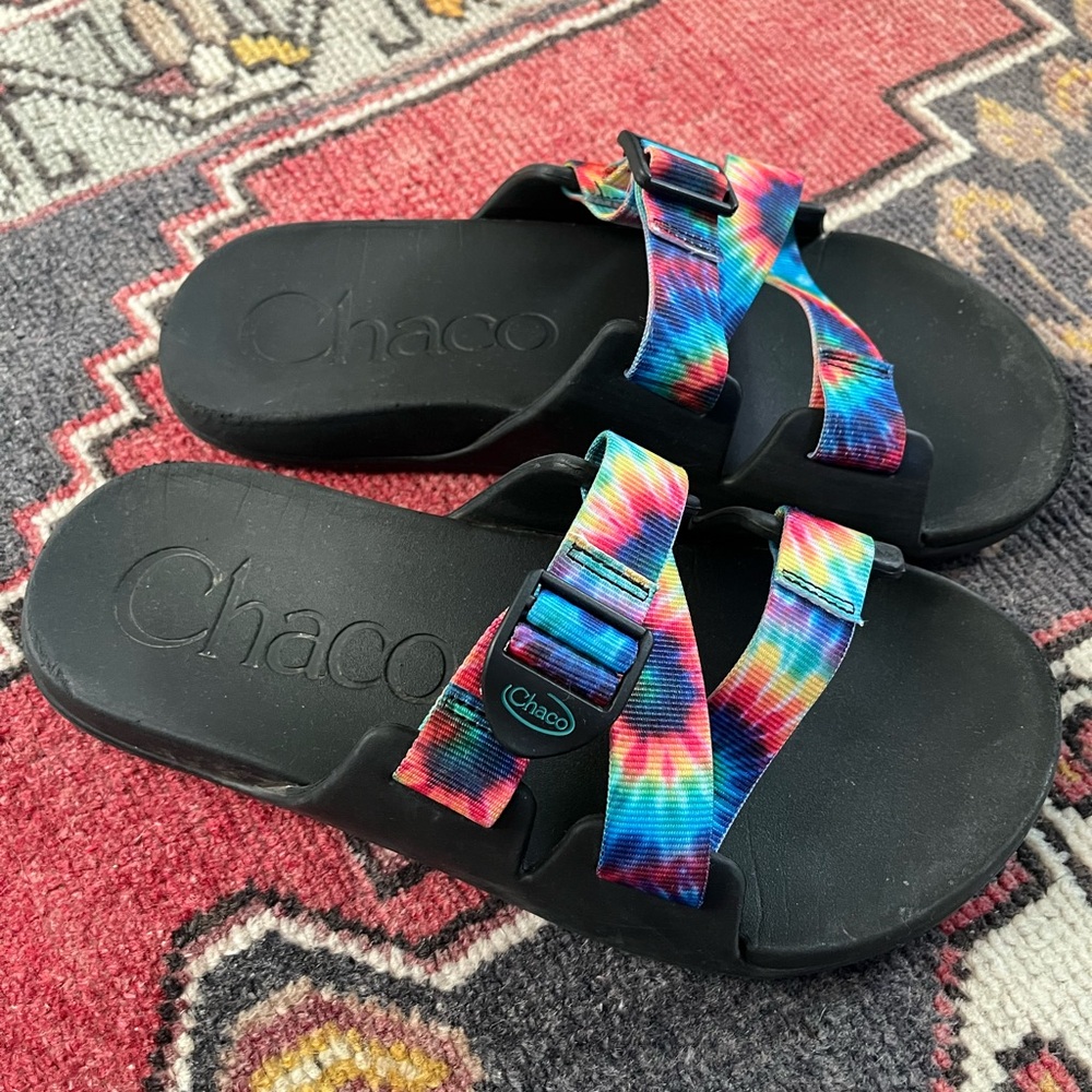 Chaco Black Sandals with Rainbow Tie-Dye Straps